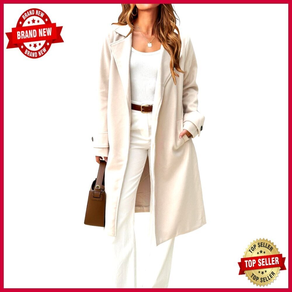 Women's Wool Pea Coat Midi Length Trench with Belt Classic Fit